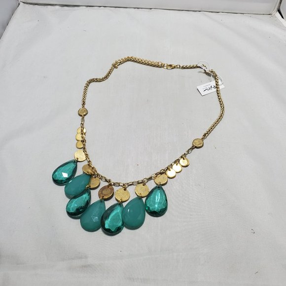 Bijou gold discs and a teal teardrop acrylic stone statement necklace, - Picture 1 of 8